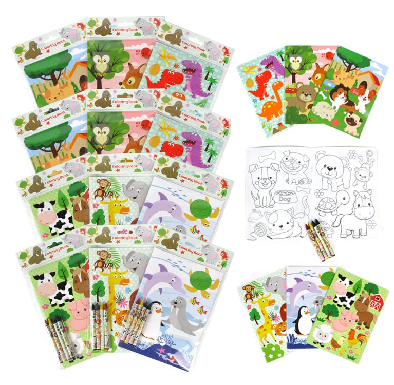 TINYMILLS Animal Friends Coloring Books for Kids with 12 Coloring Books and 48 Crayons Goody Bag Filler Assorted Animals Party Favors Classroom Rewards - Image 1